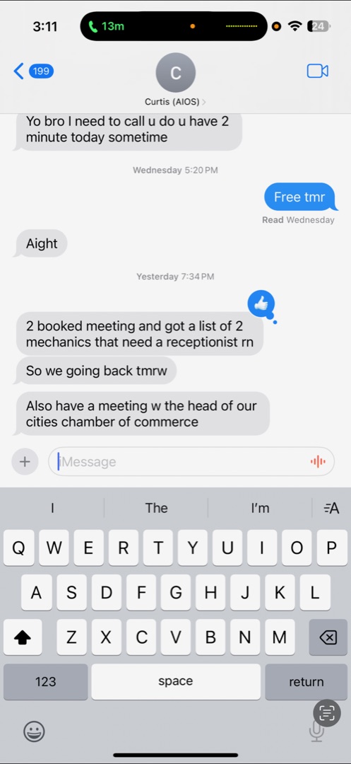 iMessage: 2 booked meetings, list of mechanics needing a receptionist, chamber of commerce meeting
