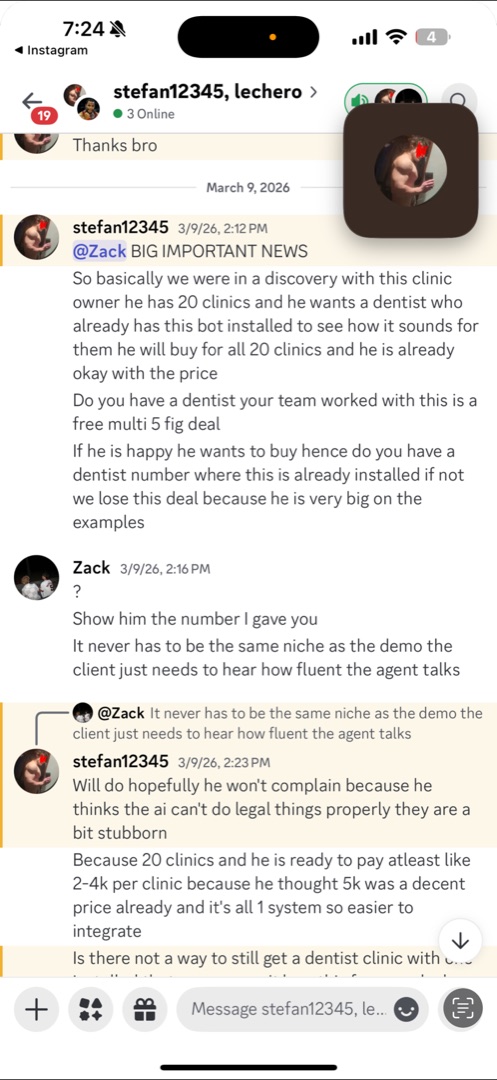 Discord message: student lining up a deal across 20 dental clinics